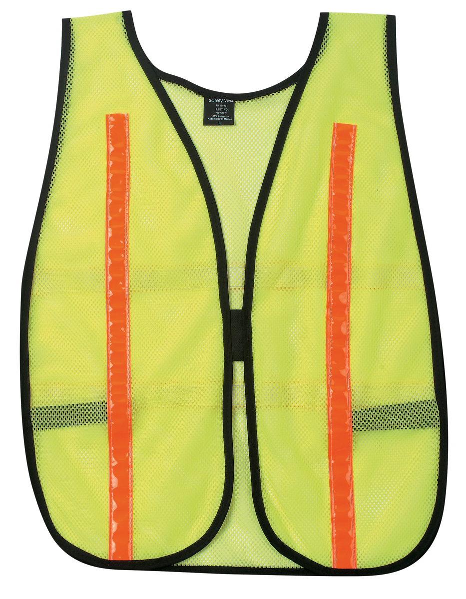 General Purpose Safety Vest, Polyester Mesh, 1" Red/Orange Reflective Stripes, Lime