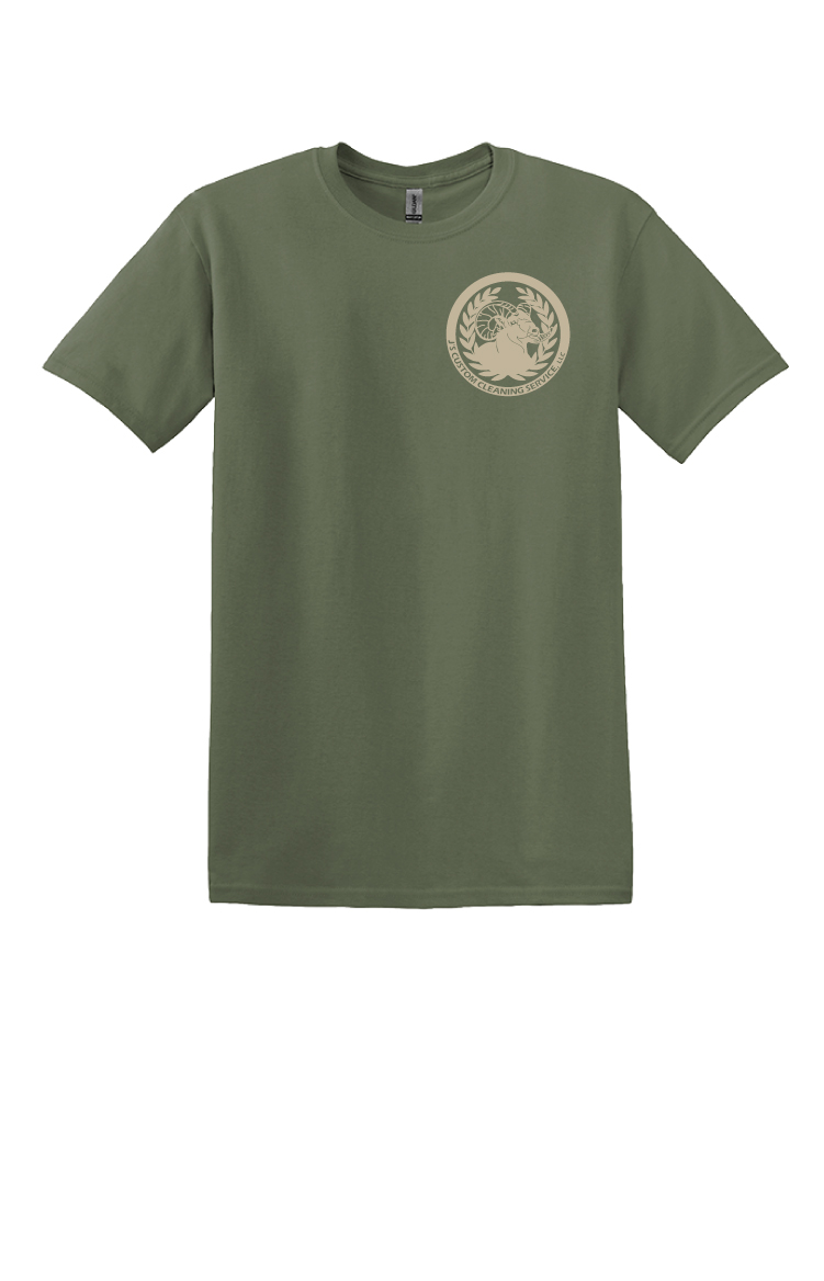 J's Custom Cleaning Military Green T-shirt (just front) 