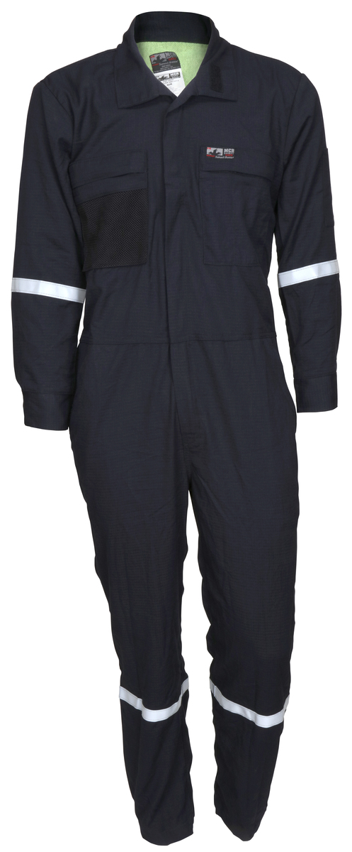 Flame Resistant (FR) Navy 5.5-ounce Inherent Blend Material Long Sleeve Coverall with Vented Underarms and Back 1-Inch Silver Reflective Stripes, CAT 2