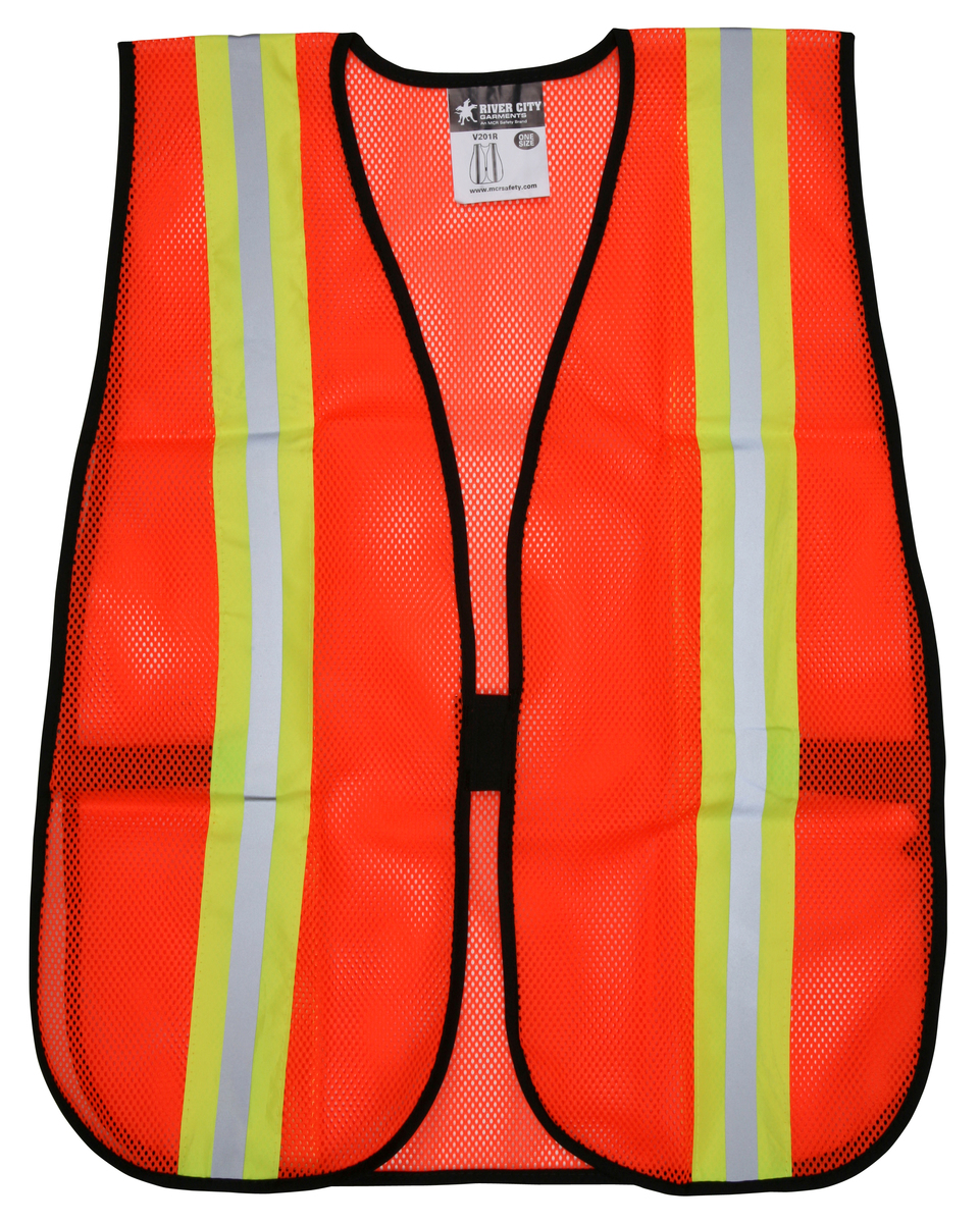 General Purpose Safety Vest, Polyester Mesh, 2" Lime/Silver Reflective Stripes, Orange